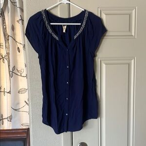 Faded Glory Dark Blue Blouse with Embroidered Neckline